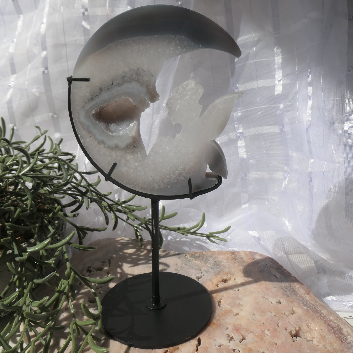 Druzy Agate Fairy and Moon on Black Metal Stand