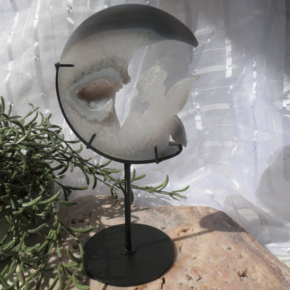 Druzy Agate Fairy and Moon on Black Metal Stand