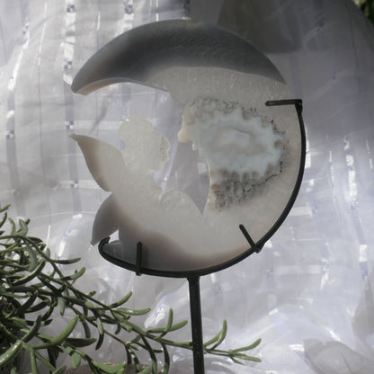 Druzy Agate Fairy and Moon on Black Metal Stand