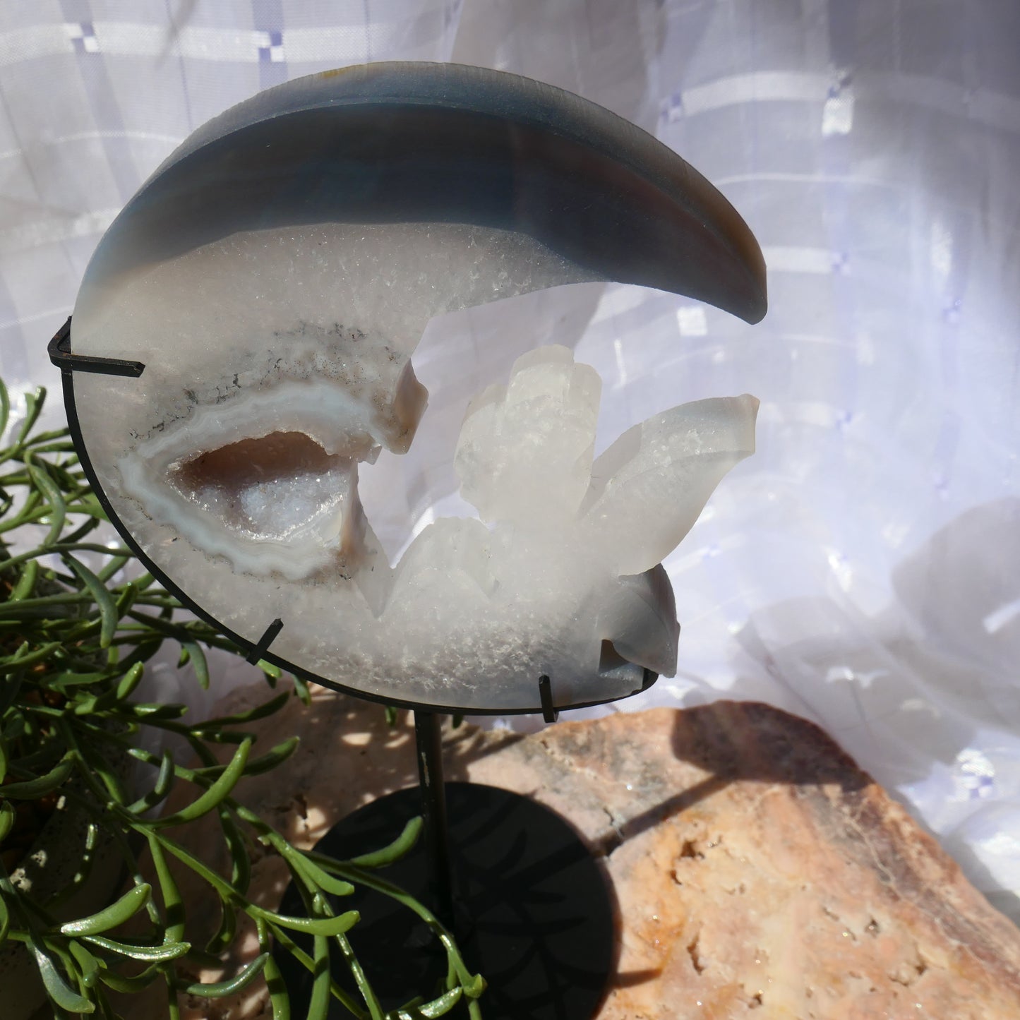 Druzy Agate Fairy and Moon on Black Metal Stand
