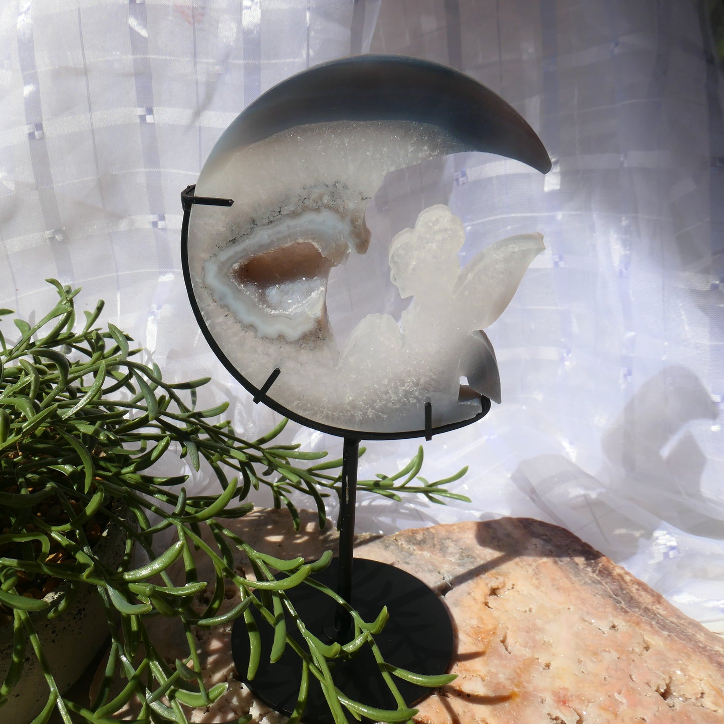 Druzy Agate Fairy and Moon on Black Metal Stand