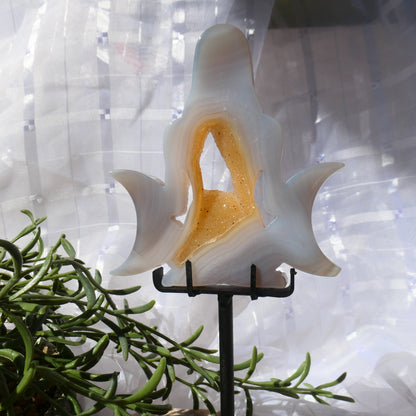 Druzy Agate Moon Goddess on Black Metal Stand