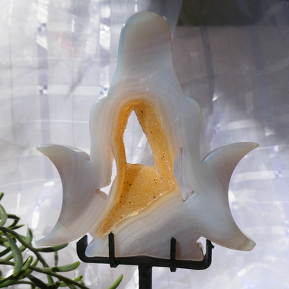 Druzy Agate Moon Goddess on Black Metal Stand