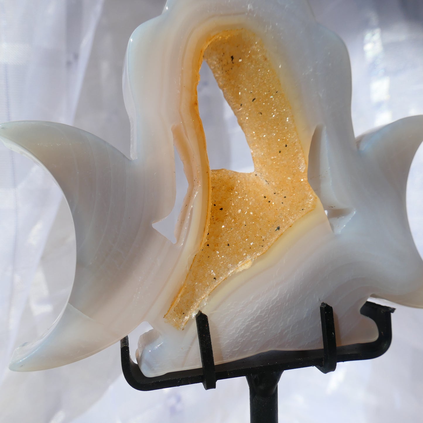 Druzy Agate Moon Goddess on Black Metal Stand