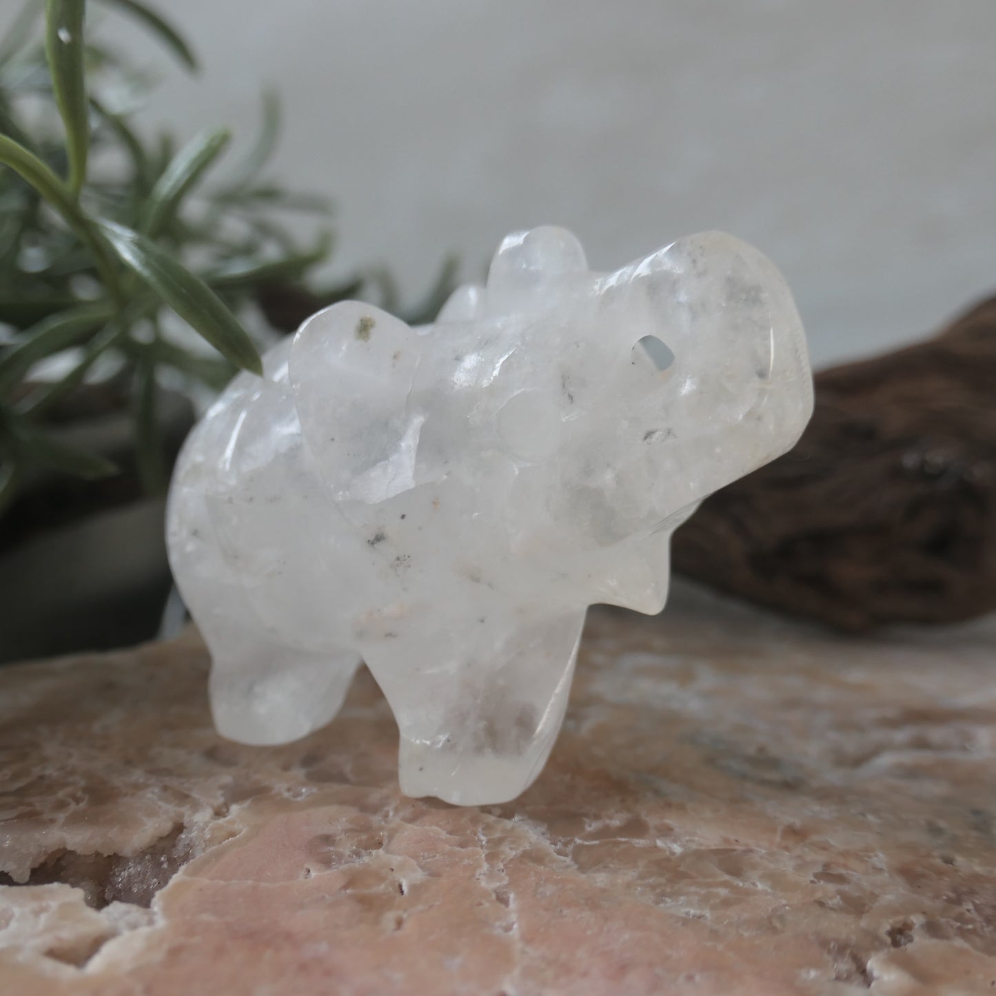 Clear Quartz Happy Elephant Carving with inclusions