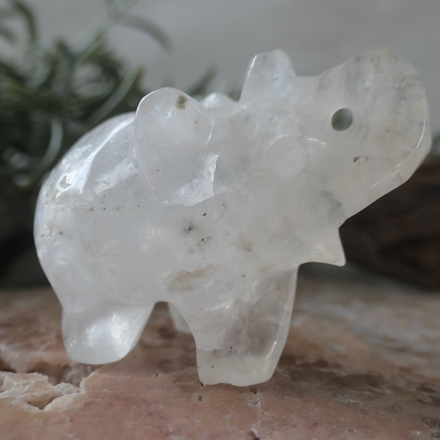 Clear Quartz Happy Elephant Carving with inclusions