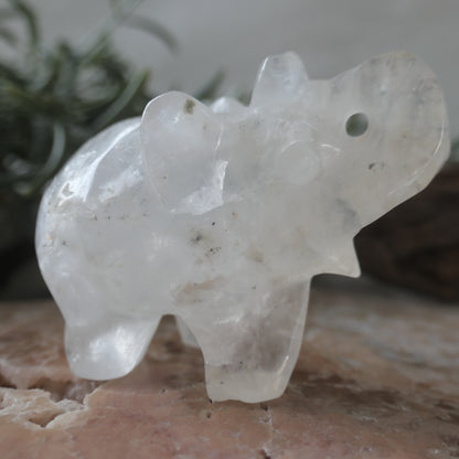 Clear Quartz Happy Elephant Carving with inclusions