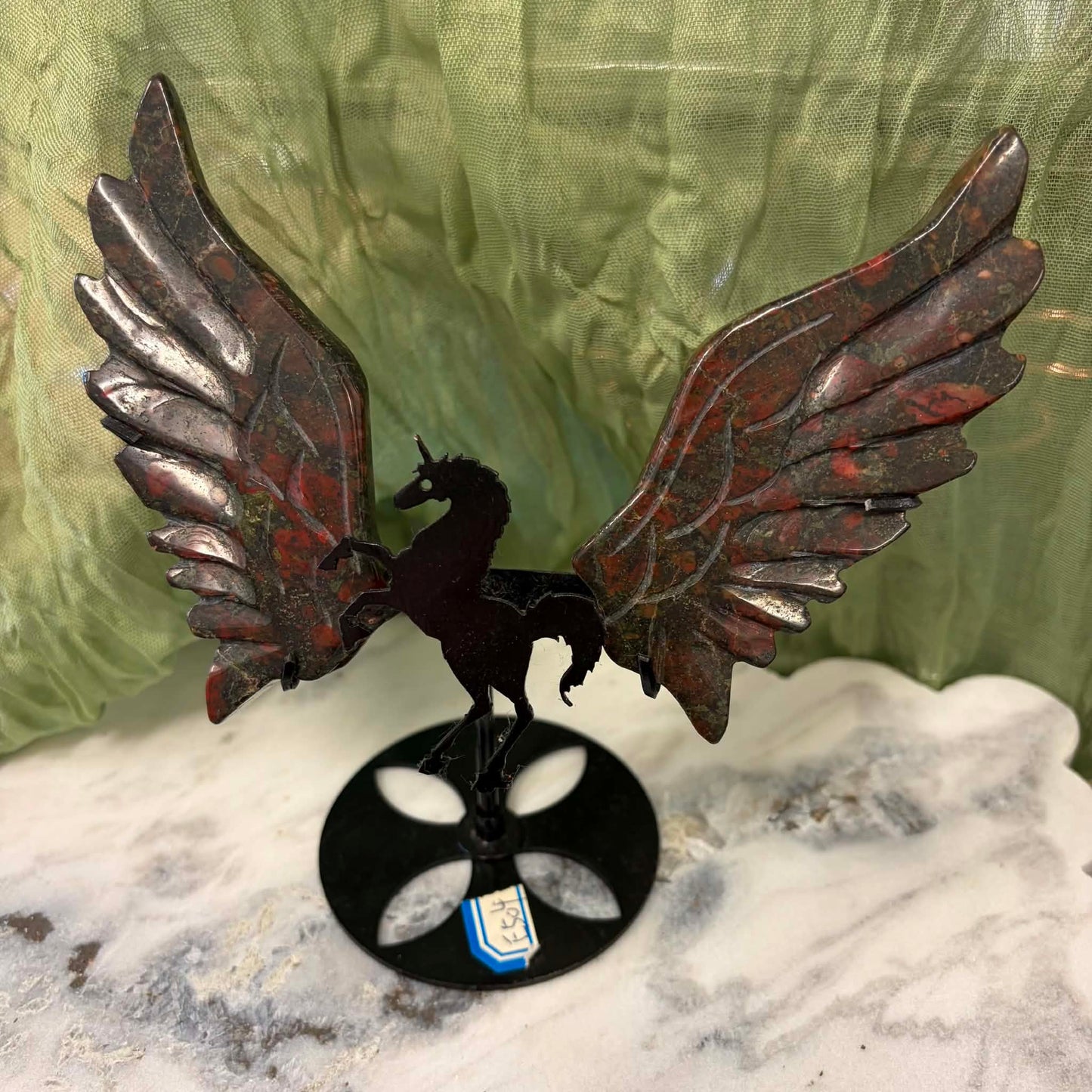 Blood Stone Unicorn Wings on metal stand #1